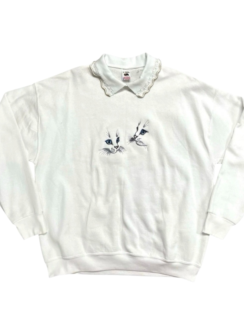 Vintage✨ | Fruit of the Loom | Cat Portrait Embroidered Knit Collar Sweater - Picture 3 of 10